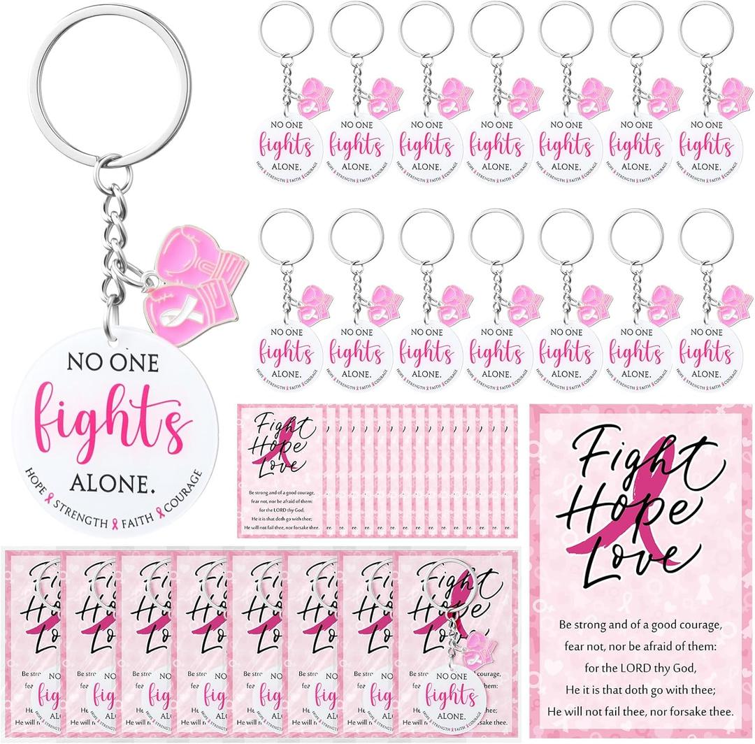 20 Sets Breast Cancer Awareness Gifts, No One Fights Alone Keychain with Pink Fight Ribbon Boxing Glove, Fight Hope Love Card (Glove)