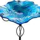 HONGLAND Bird Baths for Outside,11" Small Blue Glass Birdbaths Outdoor,Detachable Bird Feeder with Metal Stake for Garden Yard Patio Decor,32" Height