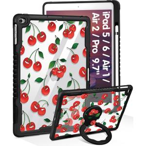 Uppuppy for iPad 5th/ 6th Gen, Air1/ Air2, Pro 9.7 Inch Case - Women Cute Girls with Stand & Pencil Holder Cover Girly Cherry Pretty Protective Hard Funda for iPad 6/ 5 Generation, Air 1st/ 2nd, Pro 9.7