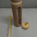 32 oz Glass Water Bottle with 2 Lids-Handle Straw Lid & Bamboo Lid,1 Liter Motivataional Tumbler Water Bottle Time Marker, Borosilicate Glass Water Bottles With Silicone Sleeve, Leakproof (Amber)