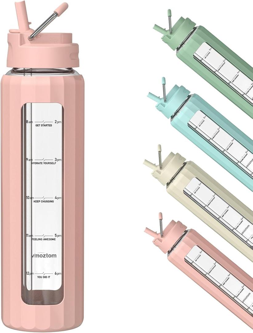 32 oz Glass Water Bottle with Lid and Straw, Motivational Borosilicate Glass Bottle with Silicone Sleeve (Pink Sleeve)