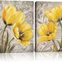 Yellow and Gray Flowers Canvas Wall Art Tulip Picture Prints Artwork Modern Floral Wall Decor for Living Room Bedroom Bathroom Decor Plant Painting Framed 2 Pieces, 16"W x 24"H inch x 2 pc