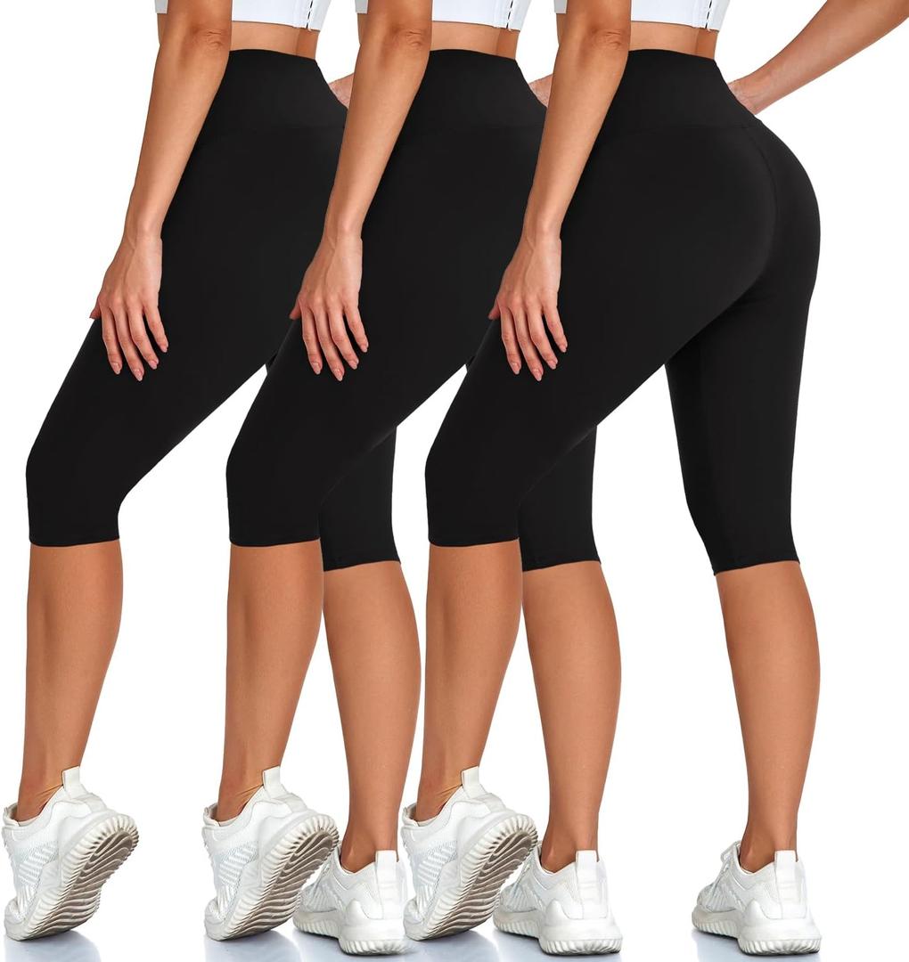 High Waisted 3 Pack Women's Capri Pants - Knee Length Yoga Shorts, Biker Workout Leggings for Women,Summer Activewear Small-Medium