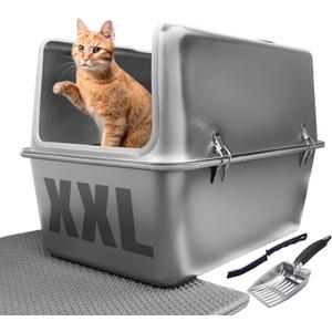 XXL Stainless Steel Litter Box with Lid 30L Capacity 16" Inch High Sides, Leak Proof Anti Tracking Pedal Non Stick Easy Clean Splash Proof Removable Top for Large and Multi Cats Includes Scoop & Mat XXL Stainless Steel Litter Box with Lid 30L Capacity 16" Inch High Sides, Leak Proof Anti Tracking Pedal Non Stick Easy Clean Splash Proof Removable Top for Large and Multi Cats Includes Scoop & Mat