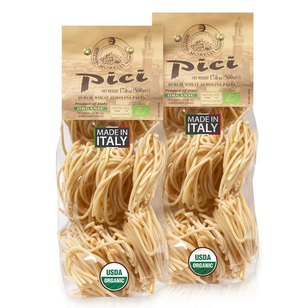 Morelli Pici Pasta di Toscana - Gourmet Italian Pasta - Organic Pici Noodles - Thick Organic Pasta Nests Made in Italy from Durum Wheat Semolina - 17.6oz (500g) - Pack of 2
