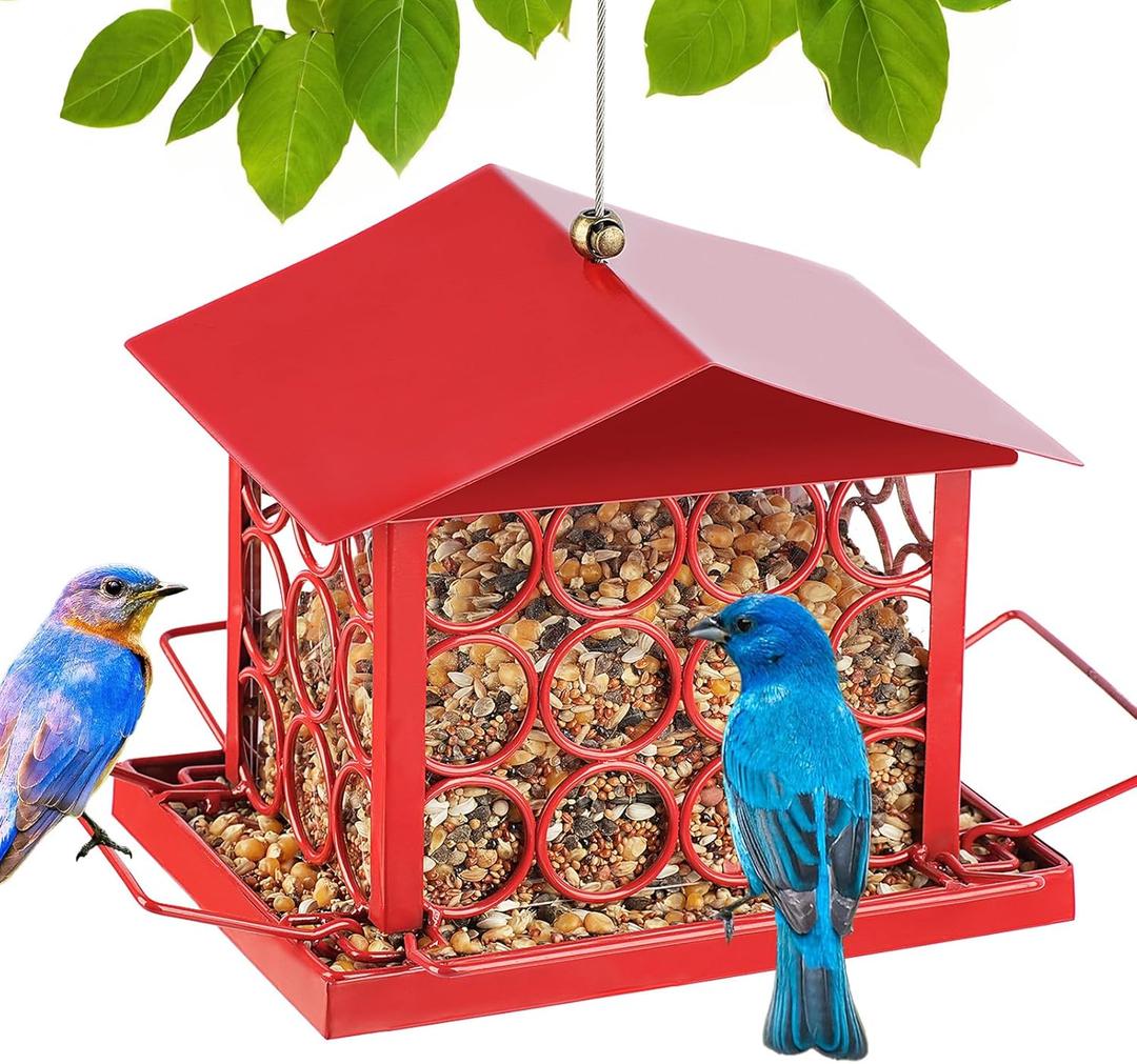 Bird Feeder for Outdoors, Metal House Style Bird Feeders, Outside Hanging Birdfeeder for Garden Yard Birdwatching -Red