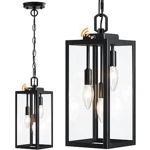 16'' Large Dusk to Dawn Outdoor Pendant Light for Porch 1 Pack, Modern Outdoor Chandelier for Gazebo with Clear Glass, Black Outside Hanging Lighting Fixture for Foyer Entryway