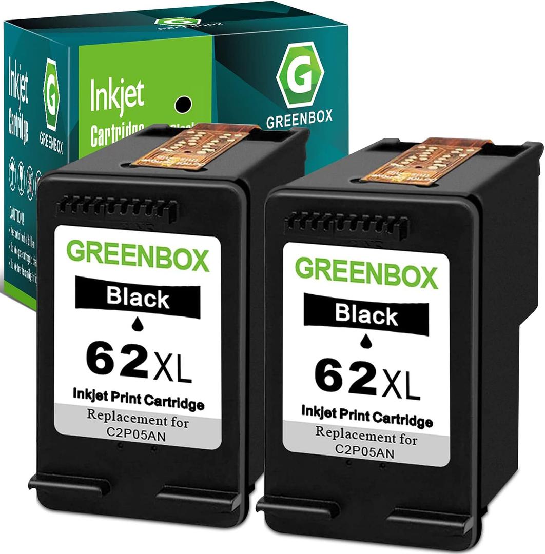 GREENBOX 62XL Black Ink Cartridge Replacement for HP 62XL High Yield Ink Cartridge 62 XL for Envy 5663 5660 5540 7640 OfficeJet 5740 5746 8040 OfficeJet Mobile 250 200 258 for Printer Ink 62, 2 Pack