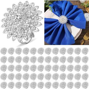 Geiserailie 12 Pcs Silver Napkin Rings Flower Crystal Bling Rhinestone Rings Floral Rhinestone Napkin Holders for Wedding Birthday Party Dinner Home Table Decoration
