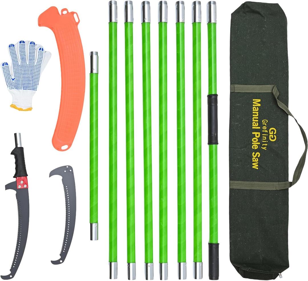 Manual Pole Saw for Tree Trimming, 27 FT Manual tree purner with 8-Section Fiberglass Handle, Sharp steel Blade, Easy to Carry and Extendable Design for Tree Maintenance, Green