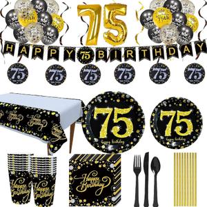 Trgowaul 75th Birthday Party Supplies - Black and Gold Paper Plates, Napkins, Cups, Tablecover Forks, Knives and Spoons for 24 Guests and Party Number Balloon Decorations Banner
