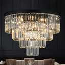 Crystal Chandeliers for Dining Room Lights Fixture Over Table, 15 Lights Black Modern Chandeliers for Living Room, 4-Tier Round Crystal Lighting Fixtures for Bedroom Entryway Kitchen Island D24 Inch