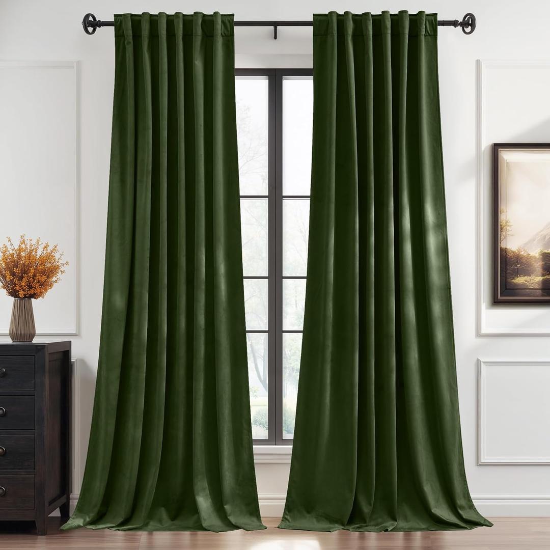 StangH Luxury Velvet Curtains Moss Green 120 Inches Long, Set Of 2, Back Tab & Hook Belt Room Darkening Drapes Christmas Holiday Backdrops Decor, W52 x L120 Inches