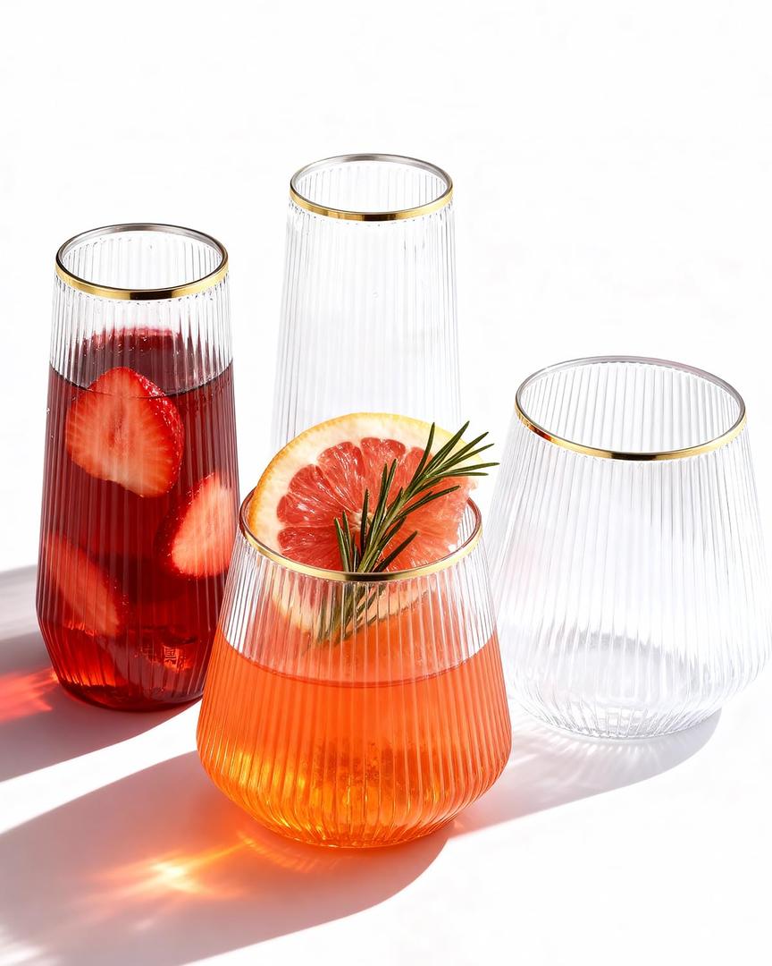 BESTSTAR 96 Pack Gold Rim Plastic Ribbed Origami Ripple Plastic Glasses Set