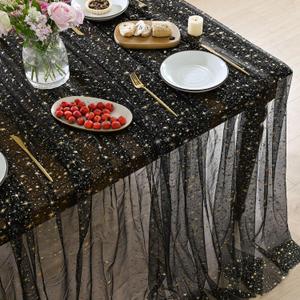 Horaldaily Black Gold Sparkling Star Gauze Tablecloth 60x104 Inch Rectangular, Golden Star Sequin Glitter Metallic Foil, Sheer Tulle Cheesecloth for Wedding Baby Shower Party