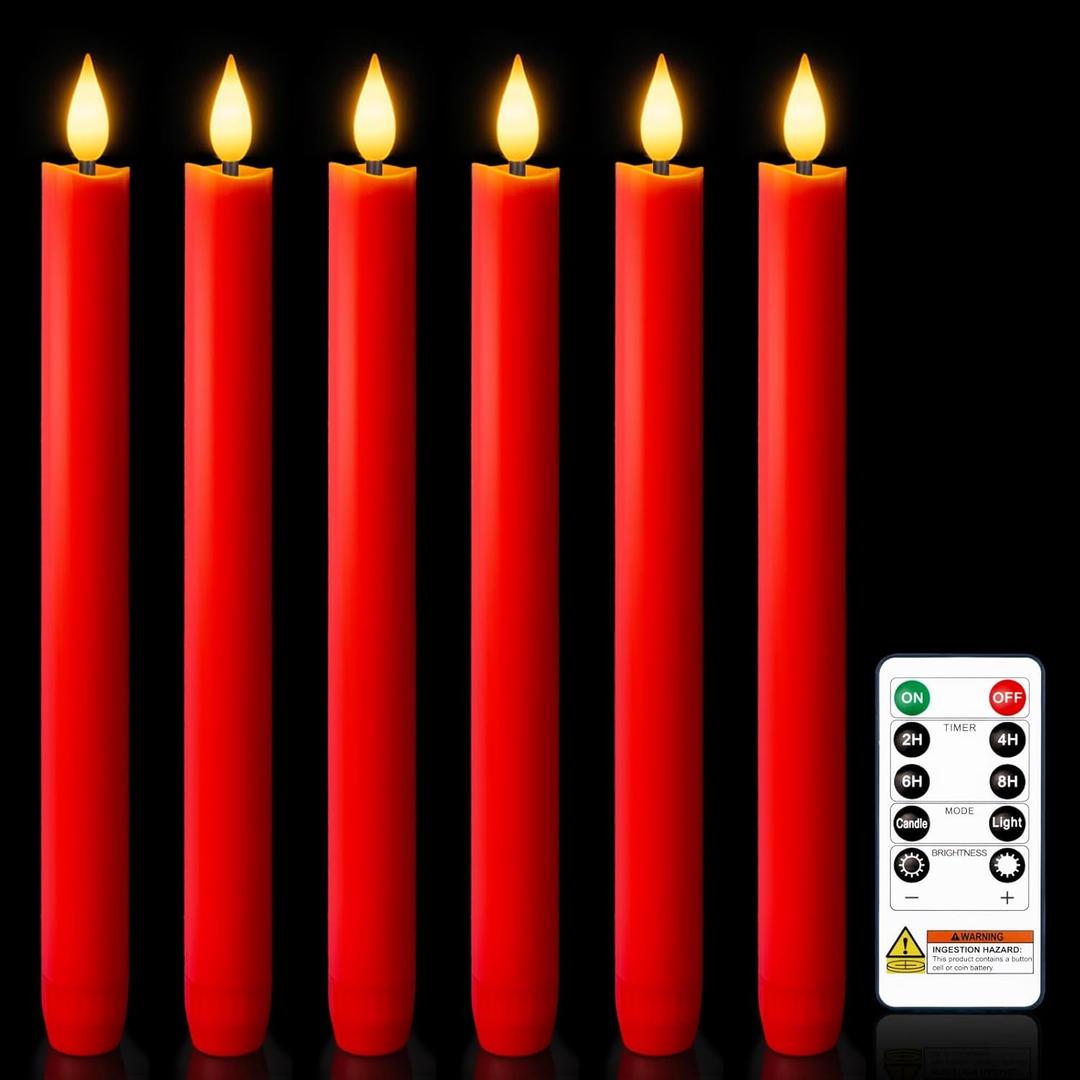 Homemory 6 Pcs Real Wax LED Red Flameless Taper Candles with Remote Timer, 9.6 Inches Fake Candlesticks, Dripless Battery Operated Window Candle with 3D Flickering Flame for Fireplace Xmas Decor