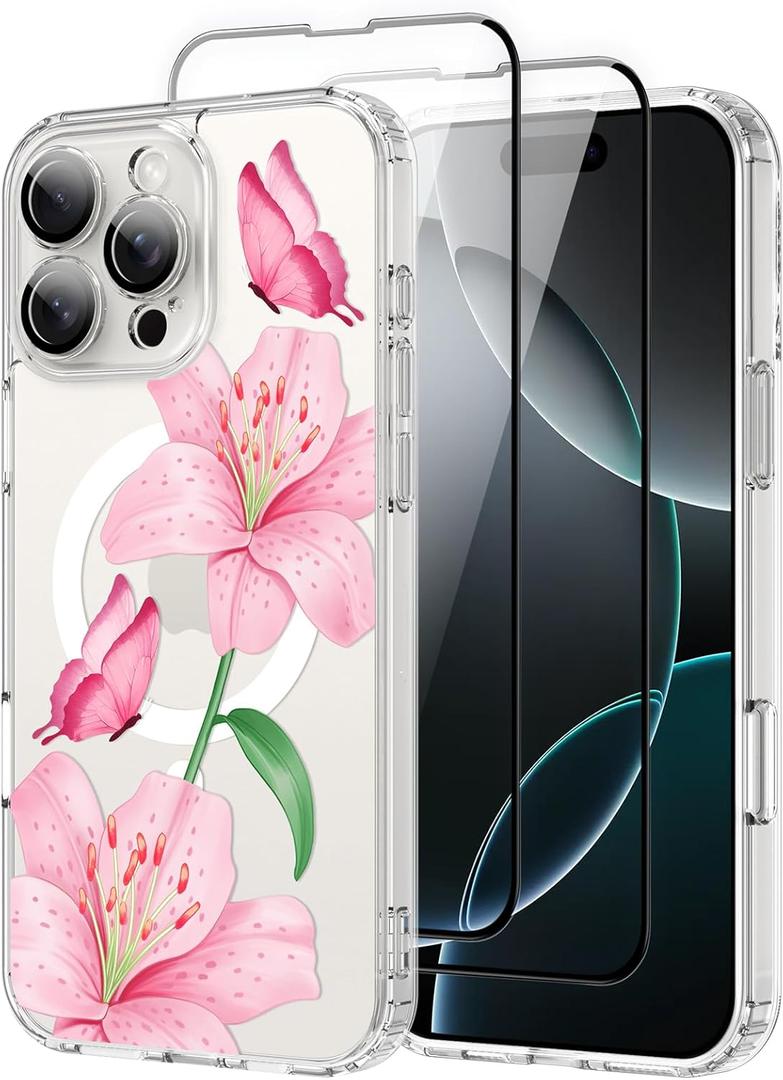 OOK Magnetic Case for iPhone 16 Pro Case Cute Flower Butterfly Design with 2 PCS Screen Protector [Compatible with MagSafe] for Girls Women Floral Clear Slim Phone Cover-Pink Lily Flower