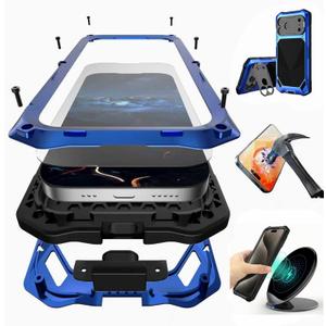 for iPhone 17 Pro Max Metal Case Kickstand, Built-in Tempered Glass Screen Protector, Heavy Duty Military Grade Shockproof Full Body Protection with Camera Cover Rugged Armor Case, Blue