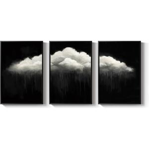 Large Framed Dark Moody Wall Art for Living Room, 3 Piece Academia Goth Canvas Prints Artwork for Walls, Black and White Rainy Cloud Surreal Pictures for Bedroom Wall Decor - Total Size 30x60 Inch