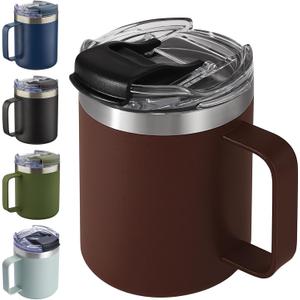 12oz Insulated Coffee Mug Cup with Handle, Stainless Steel Travel Coffee Mug with Flip Lid, Double Wall Vacuum Coffee Tumbler,Nut Brown