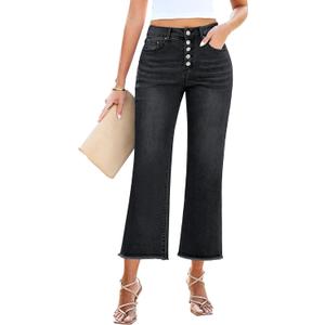 GRAPENT Capri Jeans for Women Trendy High Waisted Wide Leg Flare Button Fly Stretchy Denim Pants Raw Hem Cropped Jeans (Small, Washed Black)