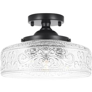 Semi Flush Mount Ceiling Light Fixture, Vintage Matte Black 3-Light Fixture with Etched Crystal Glass Shade for Kitchen,Hallway, Entryway, Bedroom (No E12 Bulbs Included) (12in)
