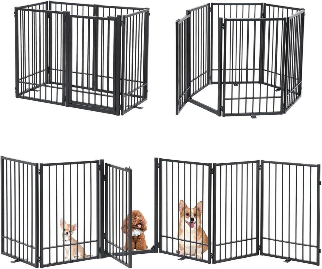 SMONTER Free Standing Dog Gate with Door Walk Through, 120'' Extra Wide Indoor Dog Fence, 31.5'' Height 6 Panels Foldable Metal Pet Puppy Gate for Stairs, Hallways, Doorway (Black)