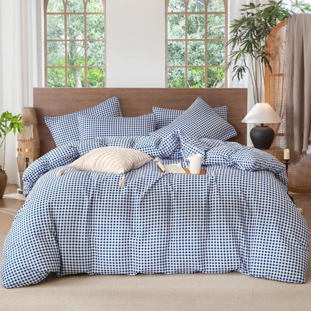 Grid Comforter Set Queen Blue Soft Luxury Washed Microfiber 3 Pieces Bedding Set, White Blue Grid Pattern Comforter with 2 Pillowcases Breathable Durable Comfy