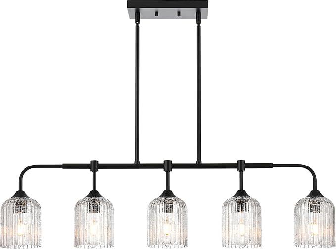 MELUCEE Kitchen Island Lighting Pendant Lights with Crackled Glass Shade, 5-Light Black Dining Room Lights Over Table Pool Table Light Hanging Linear Chandelier for Dining Room Kitchen Island