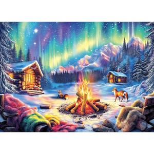 Blueforest 1000 Piece Jigsaw Puzzles for Adults, Northern Lights & Cozy Cabin Winter Bonfire - Challenging Puzzle with Aurora, Wildlife & Hygge Gift-Ready Art (27.5"x19.7")