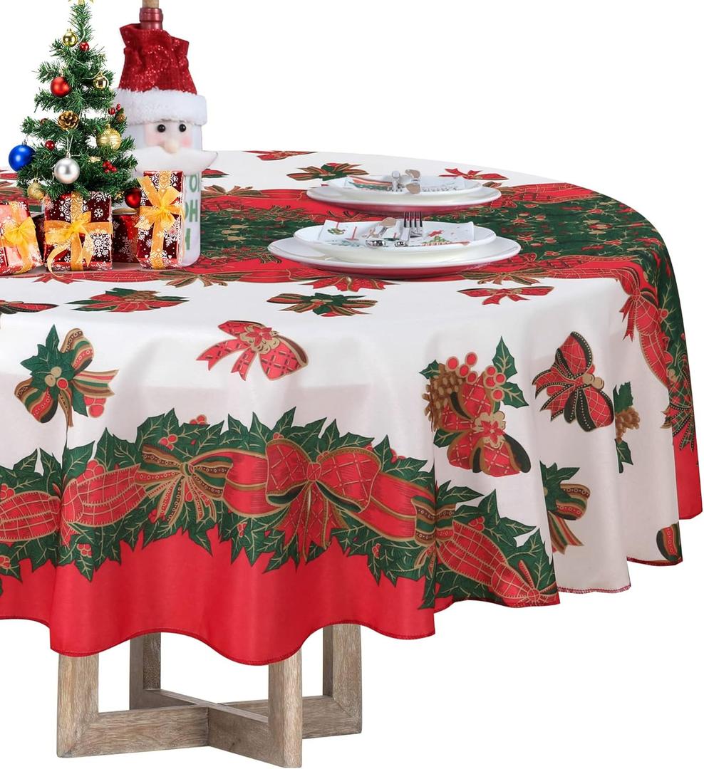 LUSHVIDA Christmas Tablecloth Round - 60inch Holly Ribbon Pattern Washable Wrinkle Resistant Holiday Tablecloths for Christmas Family Gathering, Dining Room Table 130GSM