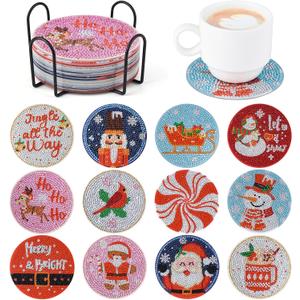 Diamond Art Christmas Coasters 12 Pcs Christmas Diamond Painting Kits,5D DIY Art Painting Coasters Supplies for Beginners Kids,Christmas Crafts for Adults Anti-Slip Diamond dotz with Holder