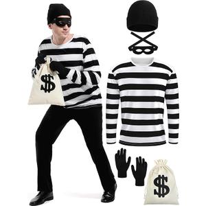 FancyFun 5 Pieces Halloween Costume Set, Men's Robber Costume Halloween Cosplay Burglar Accessories Striped Shirt for Adult, XL
