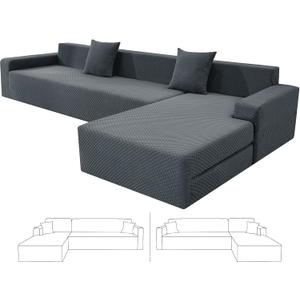 ZNSAYOTX Sectional Couch Covers, Stretch Jacquard Slipcovers with Elastic Bottom for L-Shape Sectional Sofa, 2 Pcs Pet Friendly Modular Sofa Protector (3 Seat Couch + 3 Seat Chaise, Dark Grey)