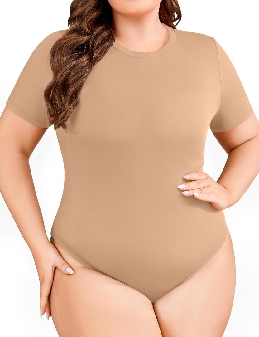 FOREYOND Plus Size Bodysuits for Women Short Sleeve Scoop Neck Bodysuit One Piece Body Suit Tops (5X-Large, Taffy)