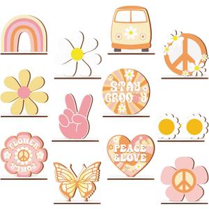 Pinkunn 12 Pcs Groovy Party Decorations Two Groovy Party Favors Bohemian Wooden Centerpieces for Tables Retro Hippie Table Decoration Rainbow Boho Daisy Table Topper for 60s 70s Birthday Ornaments