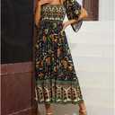 Women's Long Maxi Dress Sexy Off Shoulder Floral Dress Ruffle Short Sleeve Smocked Flowy A Line Boho Dress (Black, XL)