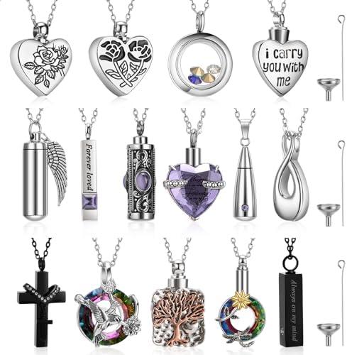 Ecation 15 Pcs Urn Necklace for Ashes Women Keepsake Cremation Jewelry Stainless Steel Cross Heart Cubic Locket Ashes Necklace for Human Loved One