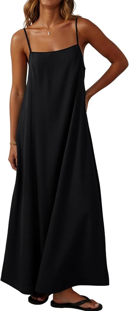Lepunuo Summer Dresses for Women Casual Maxi Dresses Contrast Spaghetti Strap Sundresses Sexy Backless Dress (Black, L)