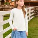 Haloumoning Girls Long Sleeve Tees Kids Casual Crewneck Pleated T Shirts Cute Fall Tops 5-14 Years (White)