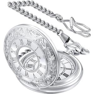 LYMFHCH Vintage Pocket Watch Roman Numerals Scale Quartz Pocket Watches with Chain Christmas Graduation Birthday Gifts Fathers Day (Silver)