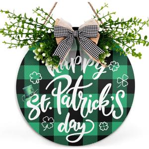 St Patricks Day Welcome Sign, Round St. Patricks Door Decorations Wood Plaque Farmhouse Happy St Patricks Day Door Sign 12 X 12 Inch Shamrock Irish Clover Wreath Sign For Spring Front Door (St Patricks Day02)
