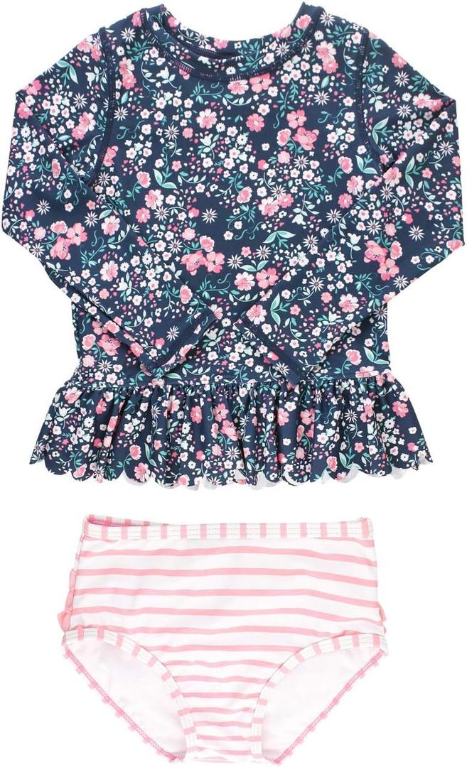 RuffleButts Baby/Toddler Girls Scalloped Long Sleeve Rash Guard 2-Piece UPF50+ Sun Protected Swimsuit (7 Years, Moonlit Meadow)