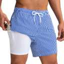 maamgic Mens Swim Trunks with Compression Liner 5 Inch, Quick Dry Bathing Suit with Zipper Pockets, No-Chafing Swim Shorts (XX-Large, Blue White Stripe)