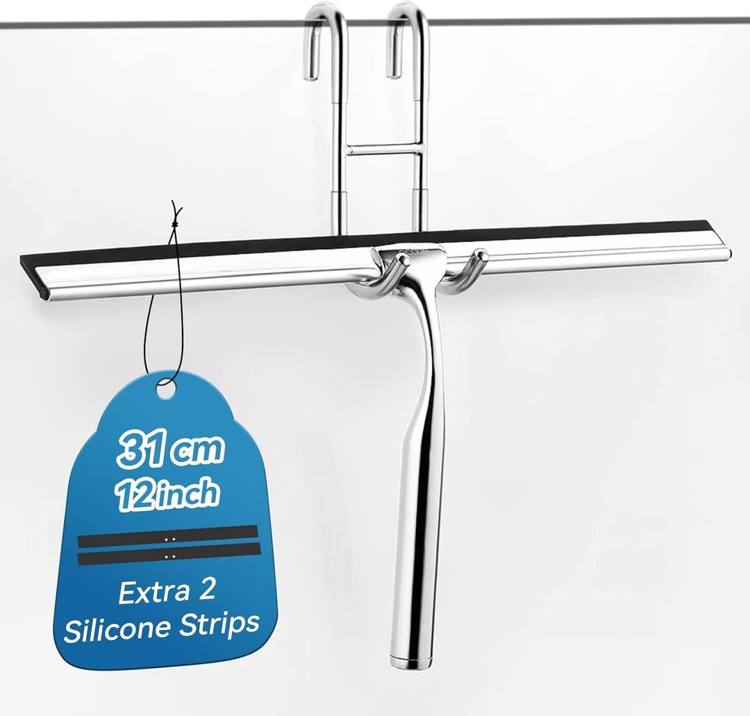 ecooe Stainless Steel Shower Squeegee with Hook, 12 Shower Glass Cleaner Wiper Scraper with 2 Replacement Blade Window Squeegee for Home Bathroom Kitchen Car Glass Doors (04-Silver 12/31cm)