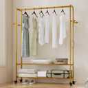 Gold Rolling Garment Rack with Shelves and Hooks,Freestanding Modern Clothing Rack with Wheels,Large Clothes Hanging Rack for Bedroom,Closet,Entryway,Wardrobe,Boutique Display