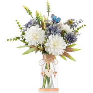 Fake Flowers in Vase 15.5"Centerpiece Table Decorations Silk Blue Flowers Arrangements Decor With Glass Vase Dahlia Artificial Flowers Chrysanthemum Faux Stems Butterfly Decorations (Clear)