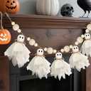 6.5Ft Halloween Ghost Garland with Wooden Beads, White Handmade Cute Ghost Decor, Vintage Farmhouse Halloween Banner Decorations Indoor for Wall, Mantle, Fireplace