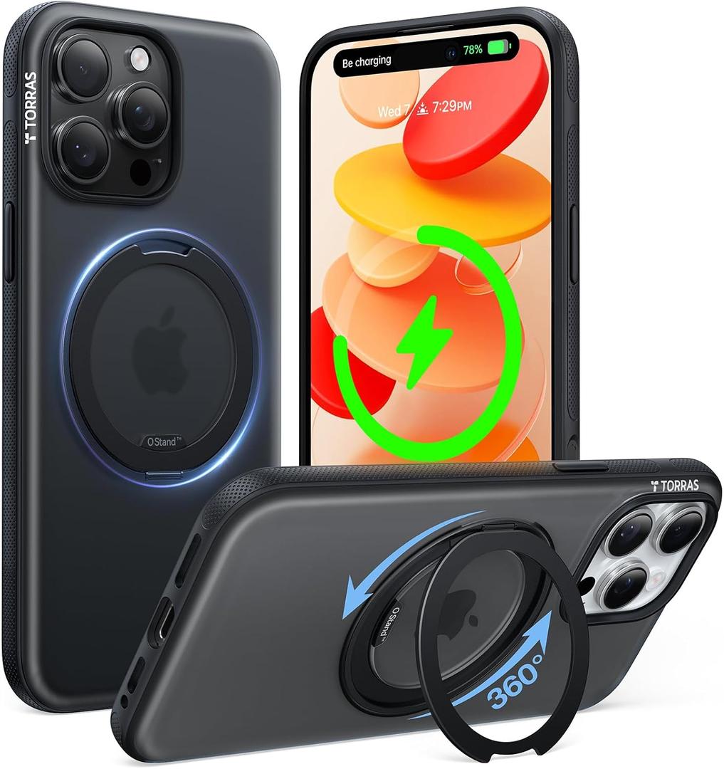 TORRAS 360 Magnetic Stand for iPhone 15 Pro Case, [Fit for MagSafe] [Rotatable Stable Stand] Military-Grade Shockproof Slim Anti-Scratch Back, O-Fitness Series, Obsidian Black, Translucent
