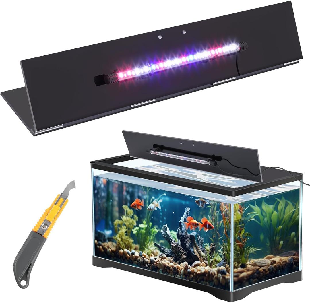 Sieral Aquarium Lids Polycarbonate Canopy with LED Light 29 x 11.38 x 0.12 Inch for 20/29/37 Gallon Without Center Brace Aquariums Cover Fish Tank Lid with a Hook Knife, Black
